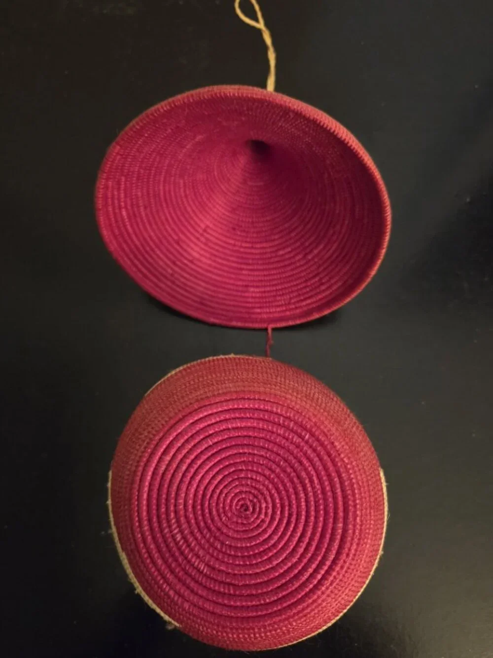 Lidded basket; handmade Rwandan craft; red & cream; Certificate of Authenticity